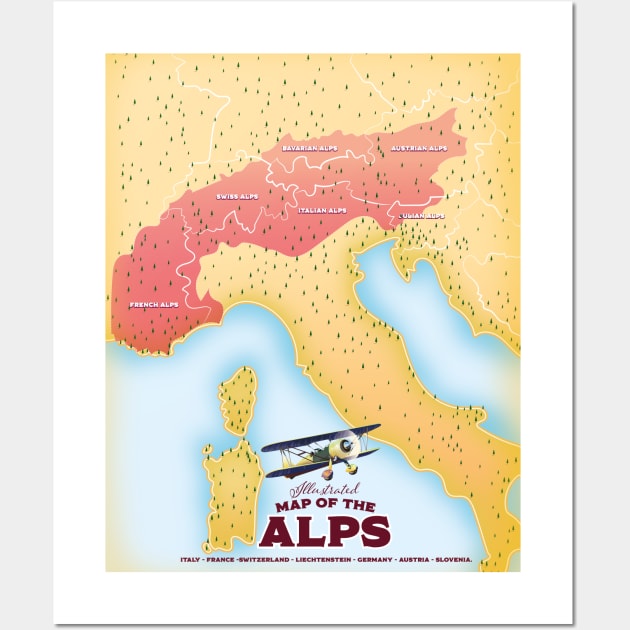 Illustrated map of the Alps Wall Art by nickemporium1